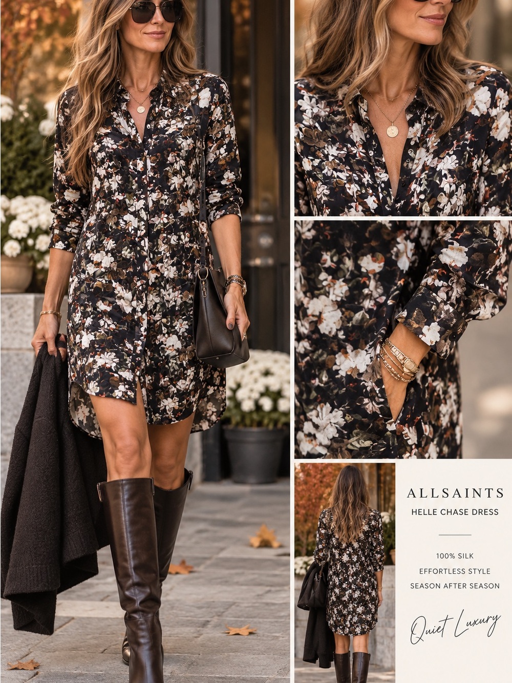 AllSaints Helle Chase 100% Silk Floral Oversized Shirt Dress